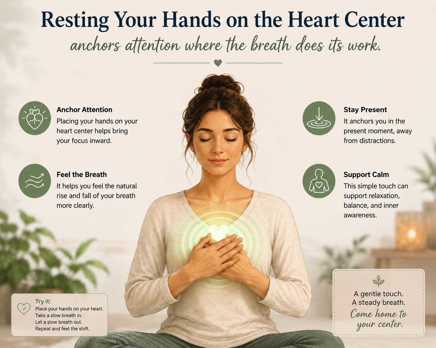 Person meditating with hands resting on the heart center, soft green light glowing from the chest